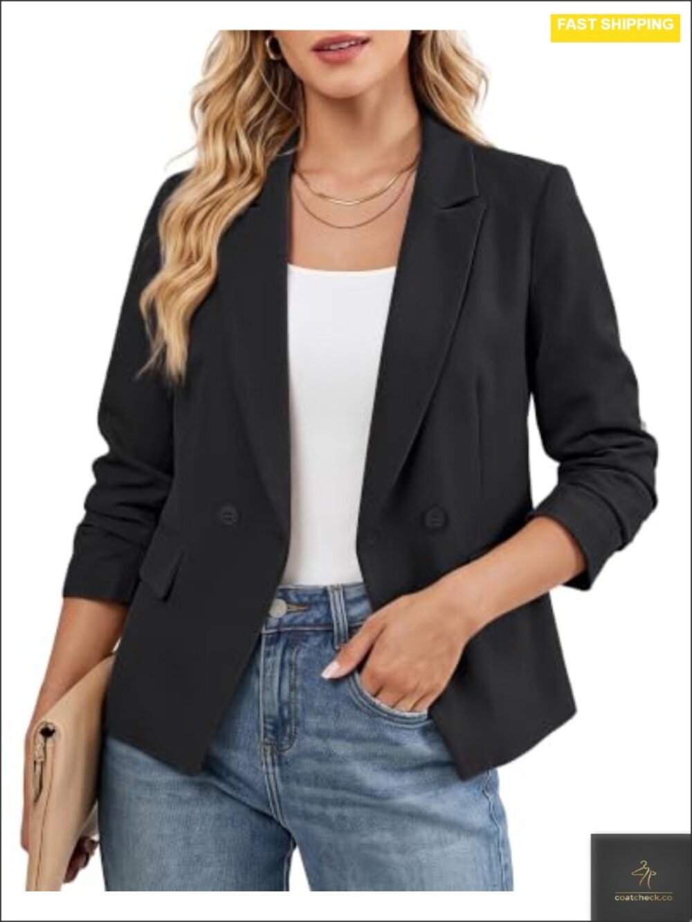 Women's Double Breasted Business Blazer Notch Lapel Padded Shoulder Long Sleeve